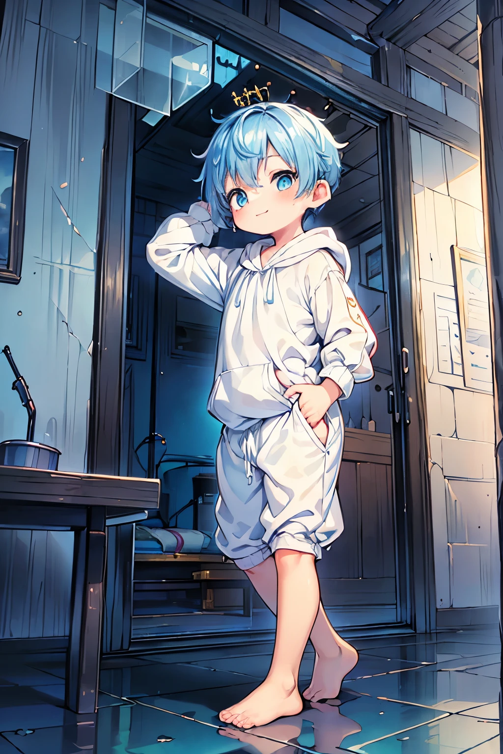 4k, (Masterpiece:1),  with blue colored hair and shiny, glowing cyan eyes and barefoot, arms up, epic, cinematic, young, boy, , smalldler, ty feet, focus on feet, feet, blushing, (Young:1.4), (Child:1.4), (Shota:1.4), (male:1.4), (boy:1.4), (royal clothes:1.4), (epic:1.4), (posing:1.4), (cinematic:1.4), (king:1.4), (Royalty:1.4), (happy expression:1.4)