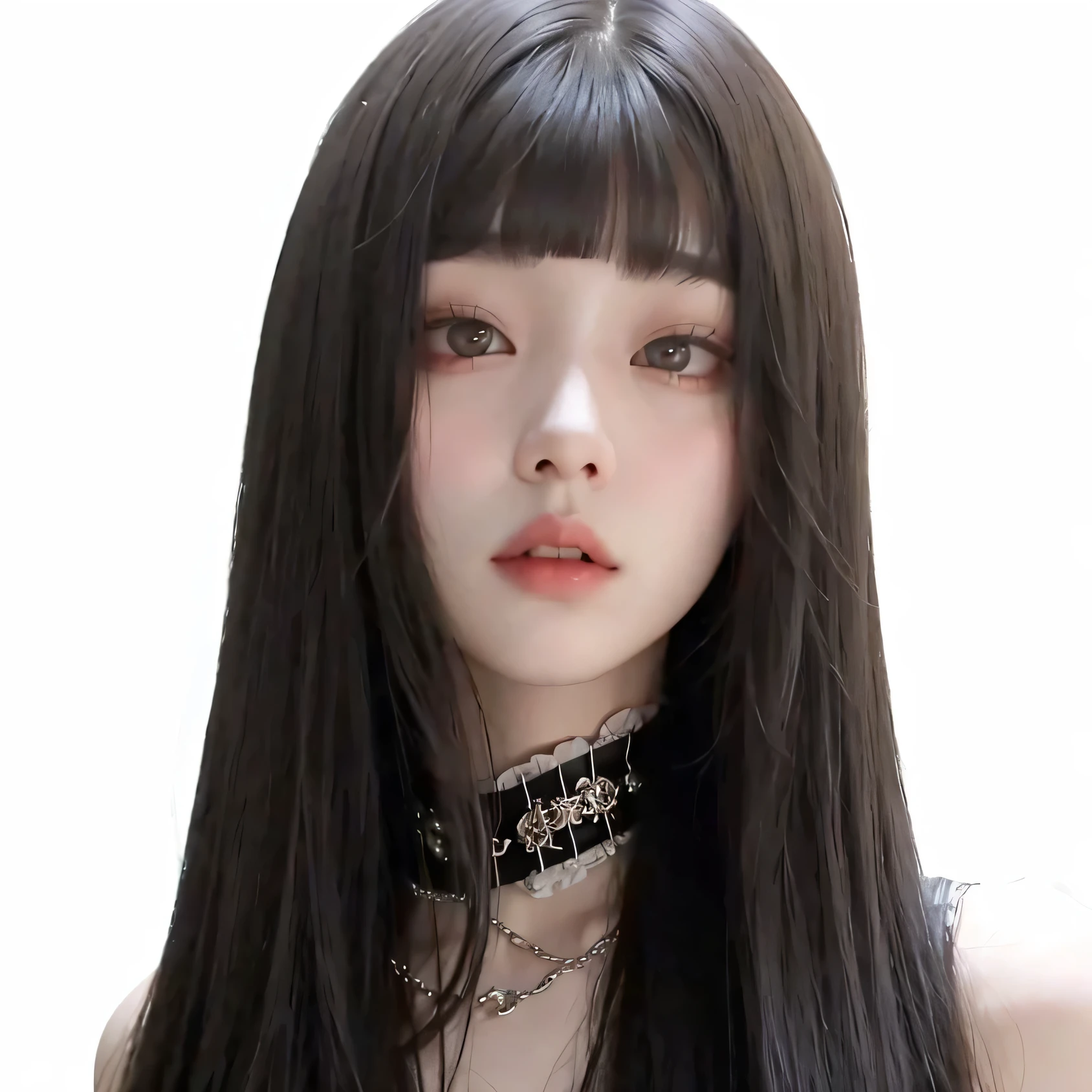 Korean girl with long black hair, straight and with bangs. Ulzzang girl with gothic style and soft face. She has black hair with bangs and pale skin.. Korean gothic ullzang, He wears a black necklace with chains hanging down.. 