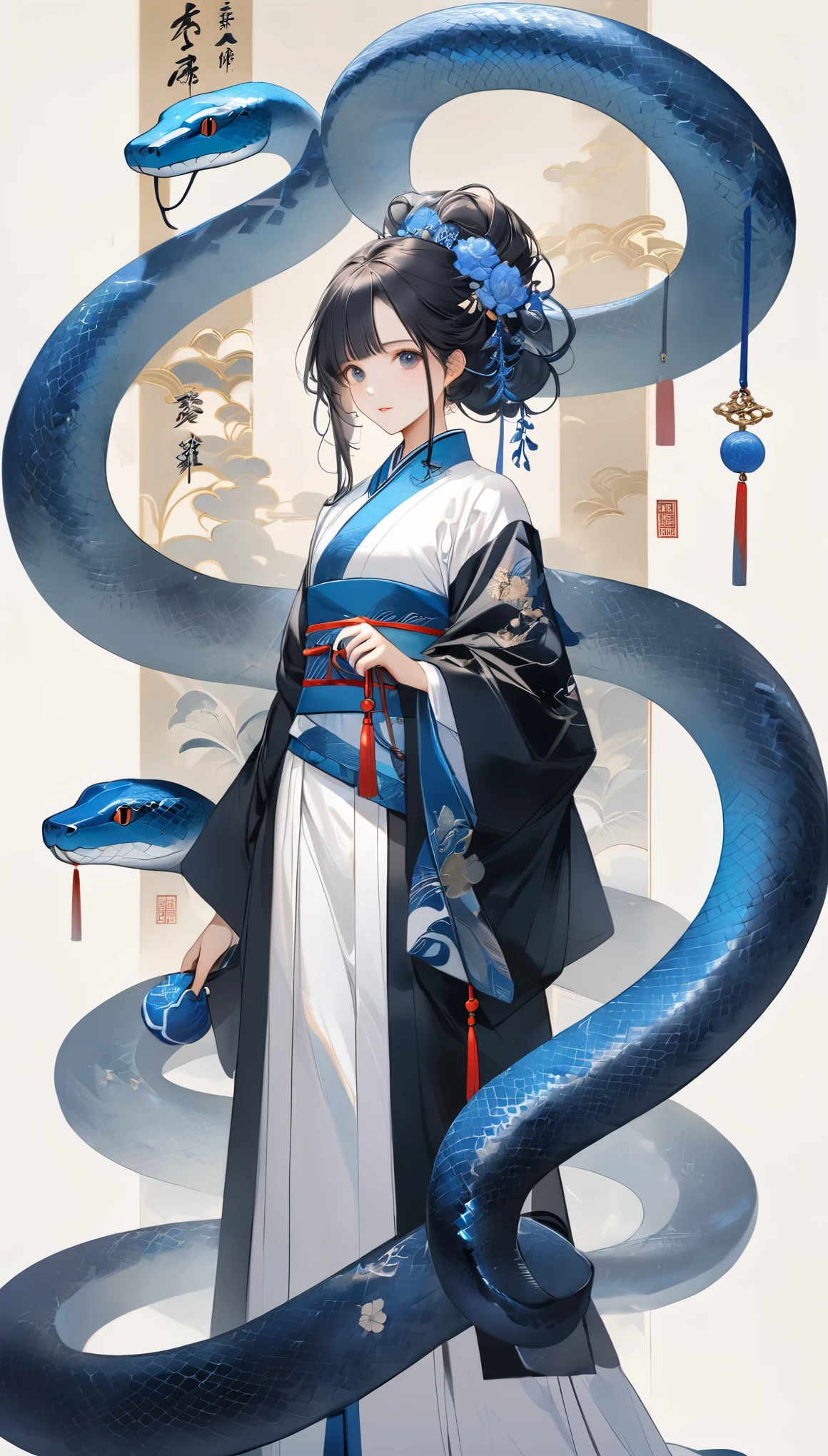 A highly detailed woman、Digital art symbolizing the blue snake、Blue snakes on both sides、Art design reminiscent of ancient Chinese hanging scrolls、A woman incarnated as a snake stands in the middle