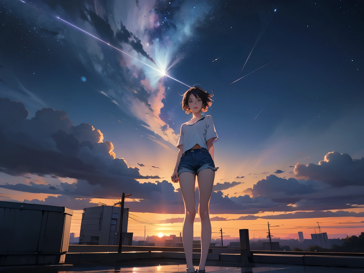 Vast sky、the beautiful skyline、Large grasslands、extremely tense and dramatic pictures、the moving visual effects、Long tailing shooting star、and colorful natural light。1girl in、(Naked:1.4)、claw pose