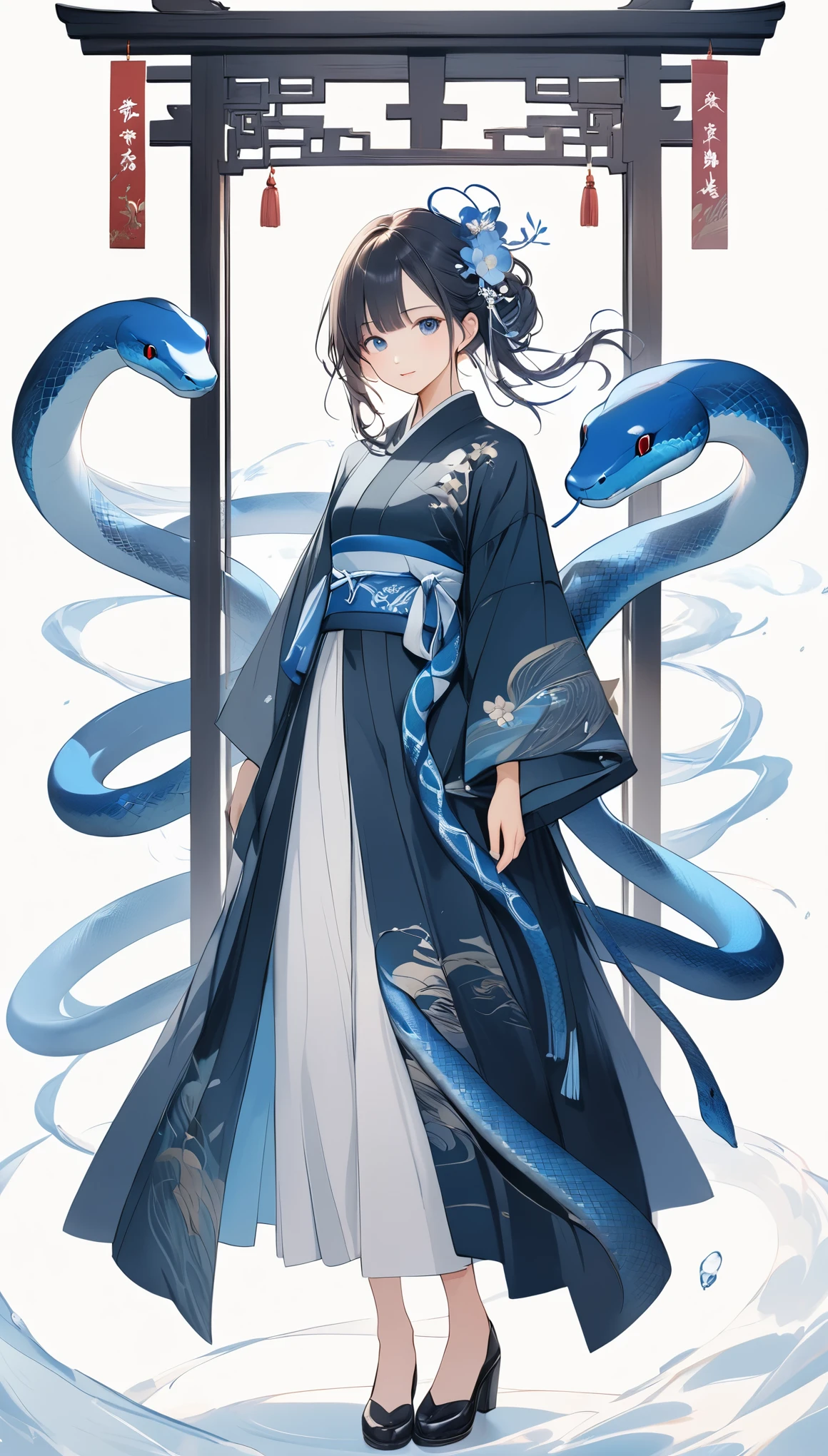 Digital art symbolizing the blue snake、Blue snakes on both sides、Art design reminiscent of ancient Chinese hanging scrolls、A woman incarnated as a snake stands in the middle