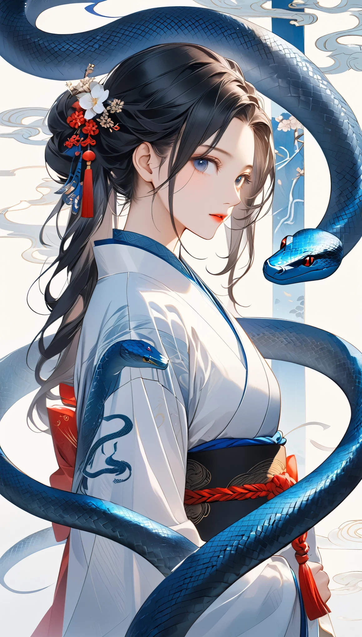 Digital art symbolizing the blue snake、Blue snakes on both sides、Art design reminiscent of ancient Chinese hanging scrolls、A woman incarnated as a snake stands in the middle、(Woman close-up:0.8)