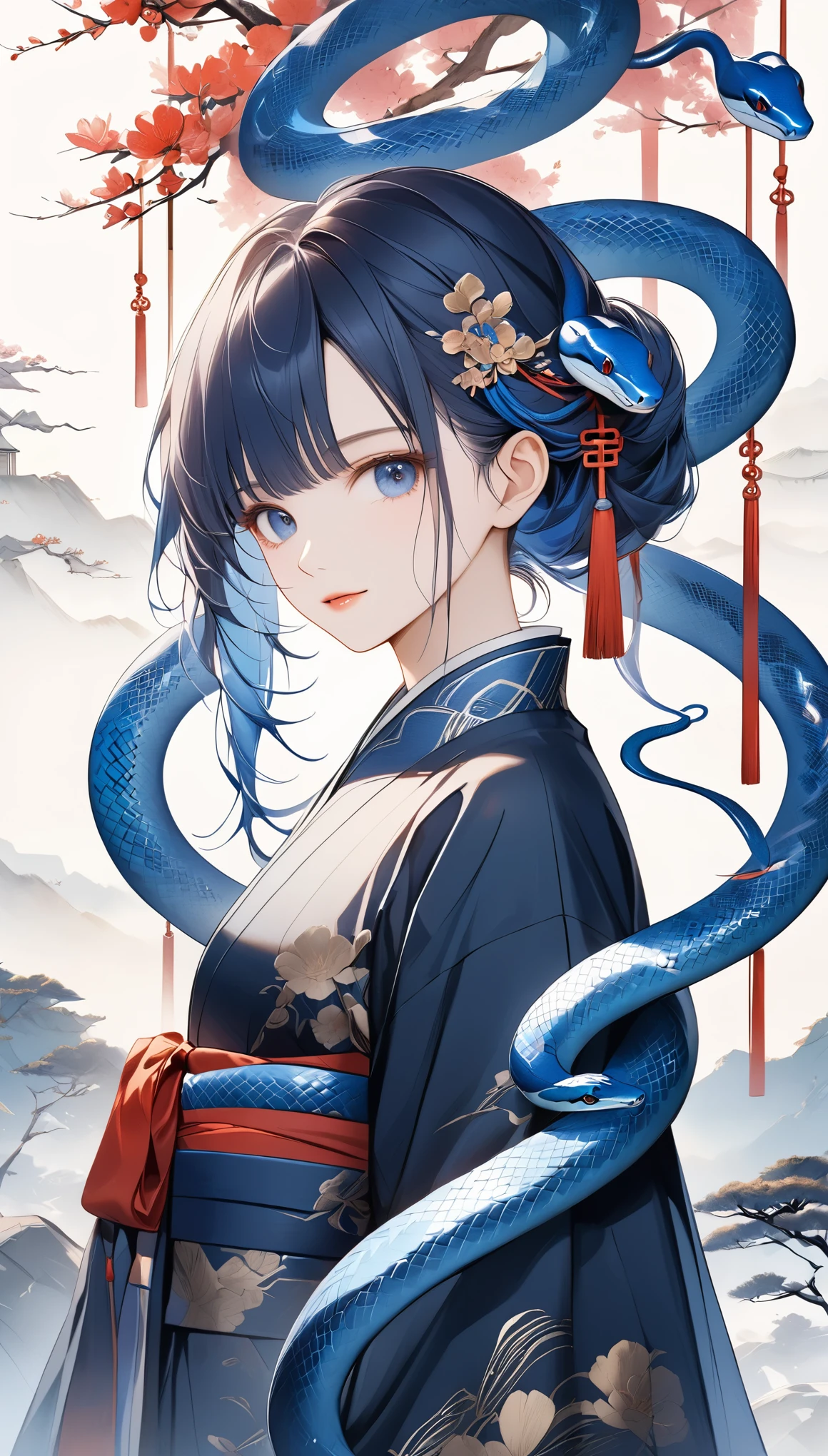 Digital art symbolizing the blue snake、Blue snakes on both sides、Art design reminiscent of ancient Chinese hanging scrolls、A woman incarnated as a snake stands in the middle、(Woman close-up:0.5)