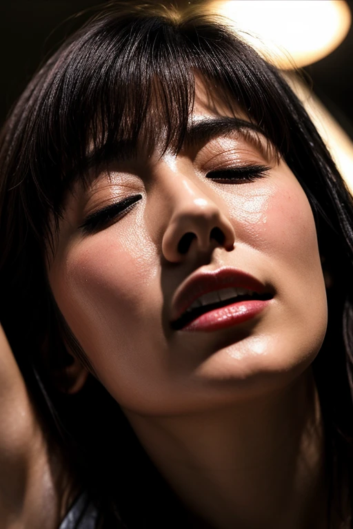 Beautiful Japanese actresses,Flying debris,Award-winning photo, Very detailed, Edge Orgasm, Woman with open mouth and closed eyes , sweatをかいた肌、Lighting that accentuates the shine of sweat{{{Please spread the word }}}, Black Hair、Viewer discretion advised,(length, Narrow nostrils)、Illumination from below、Half-closed eyes, I frowned..., Drooling, Spit out,((Raise your arms behind your back)),nsfw,(:1.3) ,(final:1.2),(Vulgar:1.3),(So stupid:1.1),(steam:1.1),(Wet:0.8),(trembling:0.8),(tears:0.7) ,(Drooling:0.6),(sweat:0.8),((Face close-up))