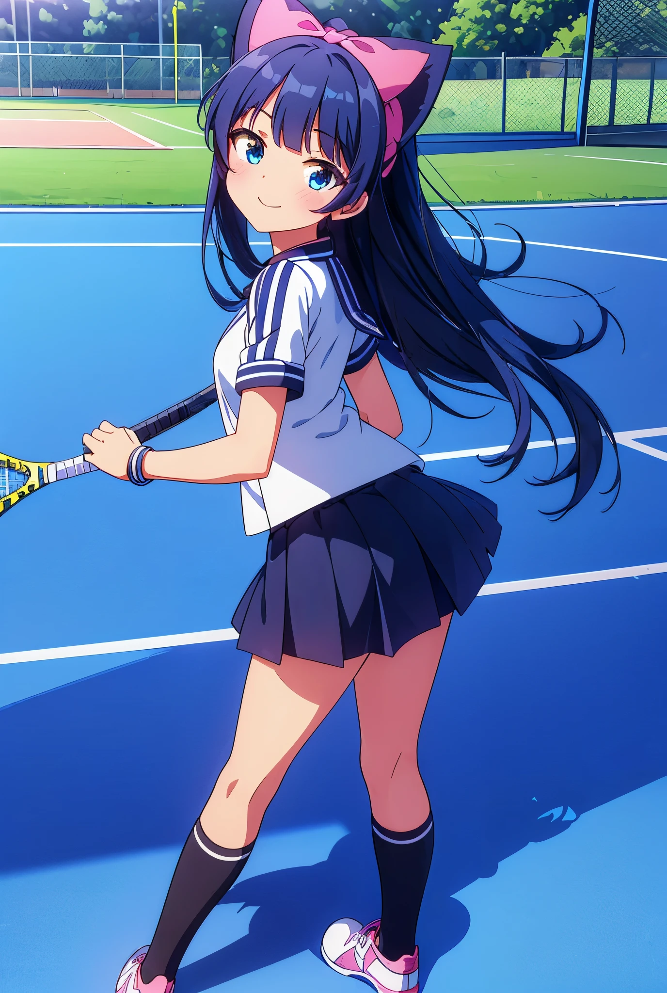 1 girl, High resolution, Long hair, Alone, blush, smile, fringe, blue eyes, black hair, Blue hair, Hair bow, cat ears, uniform, tennis, short skirt, sports field, Masterpiece, Anatomically correct, very detailed, UHD, The best quality, necessary, High resolution, 