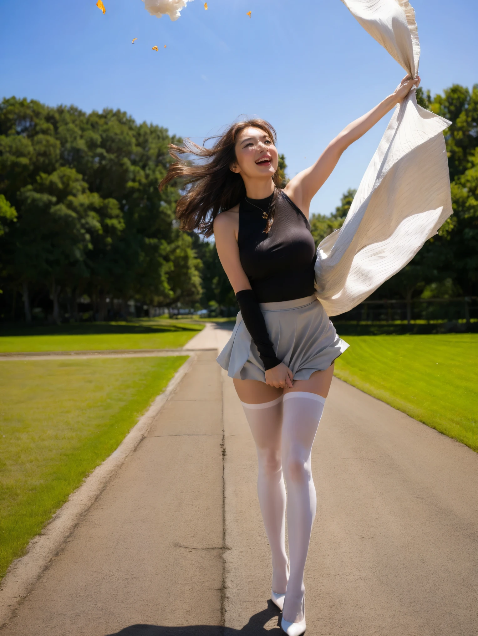 (((8k、High resolution、Highest quality、High resolution)))alone、Natural body shape、White skin、Natural Makeup、Halter neck dress、(Ultra-realistic pantyhose:1.3), Skirt and thighs、High heels、(Full Body Shot), Grin, Beautiful mature woman, pastel colour、Random Color、like affair、joy、Be excited、happiness、like、Love like、Field、(Strong winds:1.3), (The wind makes the skirt flip up:1.6), Wind lift