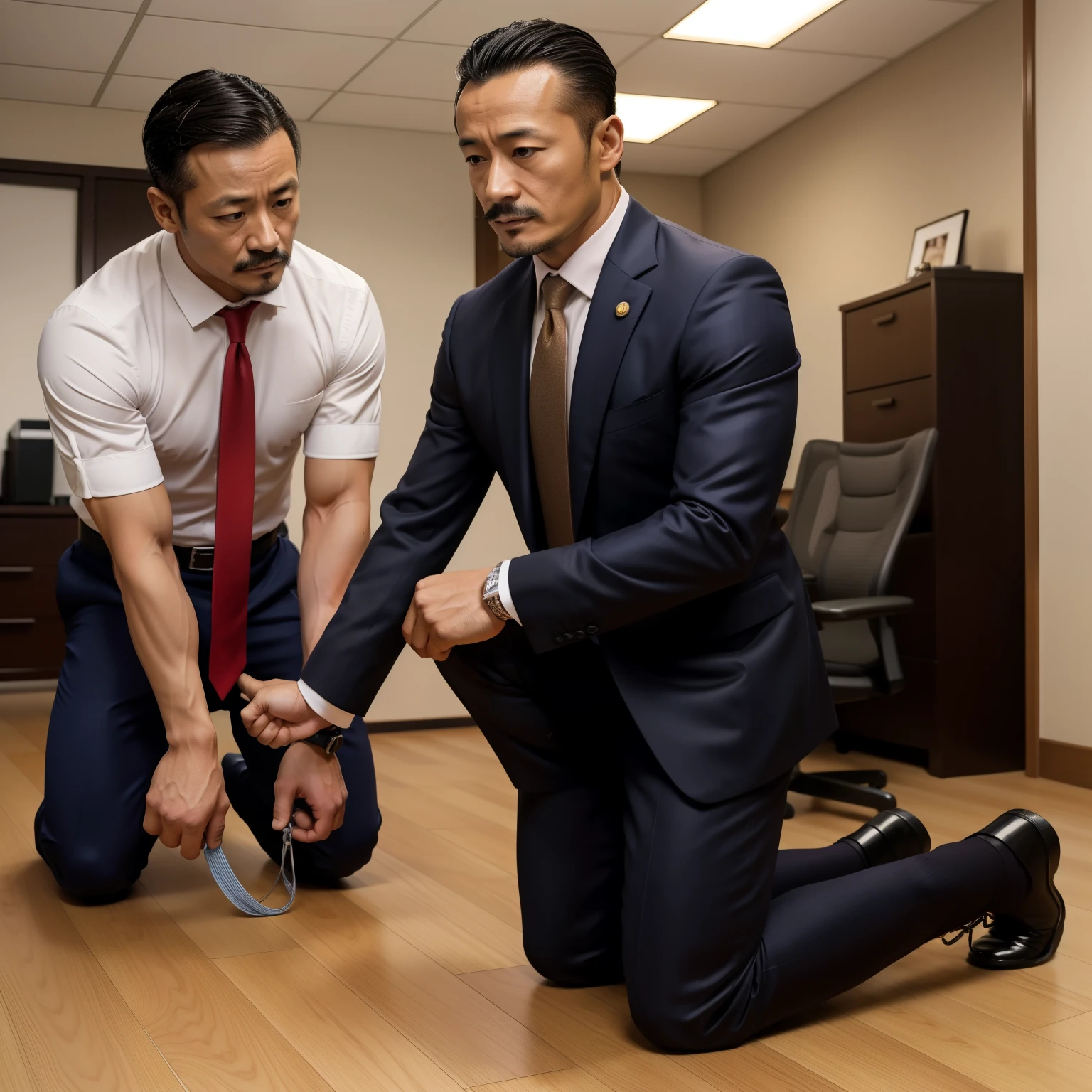 40 years old，Hidetoshi Nakata，（Kogoro Mori 1.3），office，Two skinny muscular men standing，whole body，Black socks，Thick body hair，Black lingerie，Topless，Densely hairy，Fortitude，HD，With a mustache，Polo Shirt