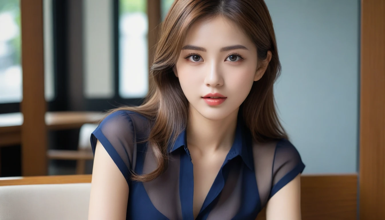 (RAW Photos), (Realistic), (masterpiece), (highest quality), High resolution, 8k, (Intricate details), (Volumetric Light), Portraiture, woman,Age 25, Medium Hair, Straight hair, Medium Chest, Layered Hair, Brown Hair, Very beautiful eyes, Source order, Very thin eyebrows, Very fine skin, Very beautiful mouth, Very nice nose, Cute like an idol, smile, (Thick lips), (Looking at the audience), (See-through dark purple collared dress shirt), Above the knee shot