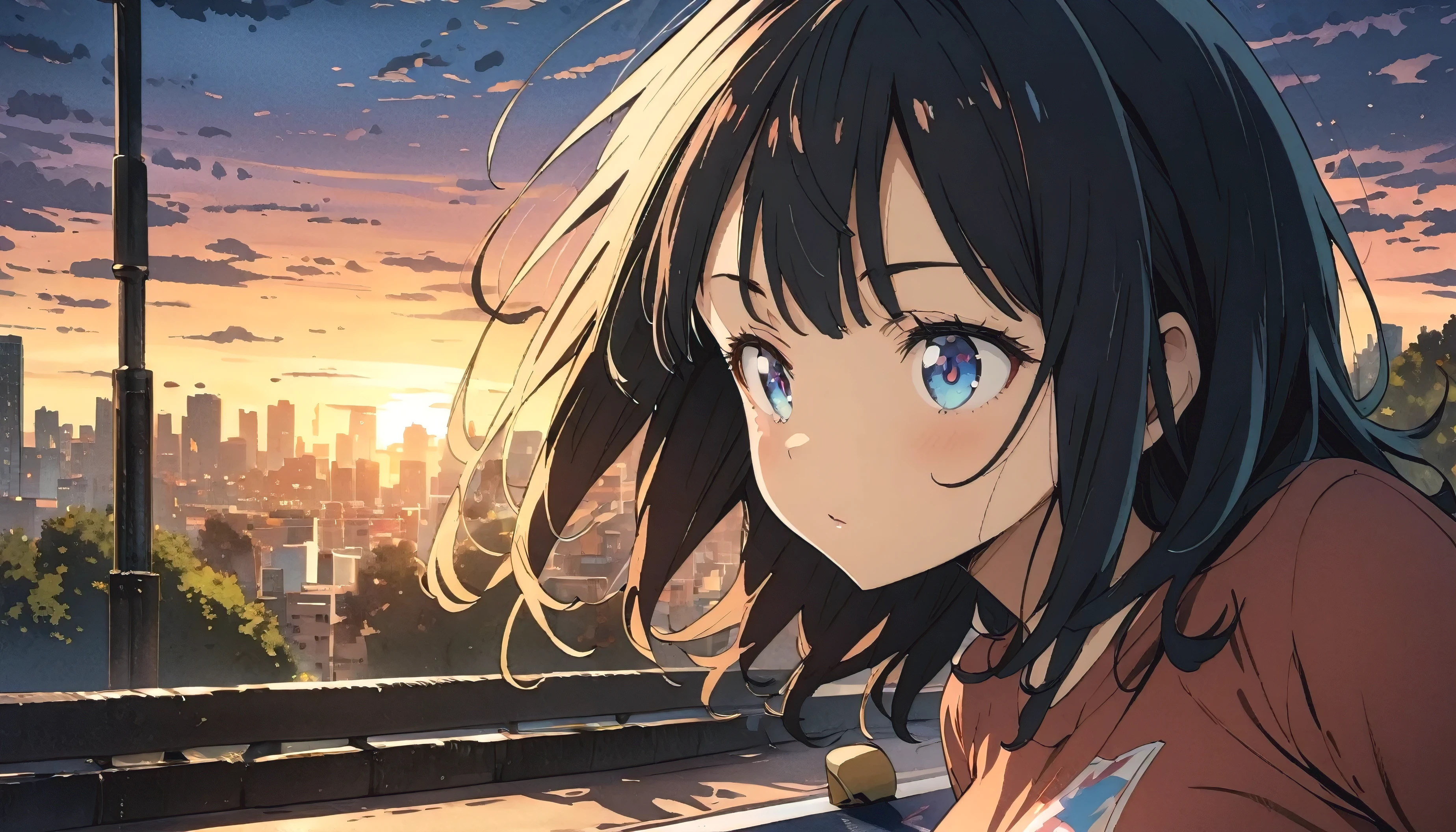 Ultra-definition: 1.3, ultra-delicate/exquisite face: 1.3, (absurdity, texture, masterpiece), dynamic angle, pop art, art brut, pixiv contest winning work, by Posuka Demizu, dynamic manga style illustration, A girl skateboarding in the city and performing tricks, there is a sunset