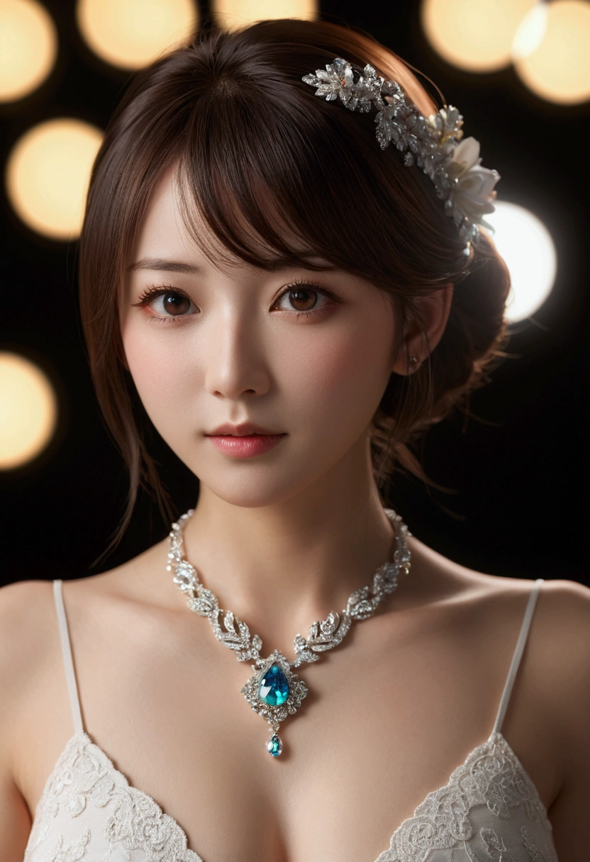 Best Quality, masterpieceHigh_resolution, One girl, Hair Ornaments, necklace, jewelry, Beautiful Face, On the body, Tyndall effect, photographのようにリアル, Dark Studio, Rim Lighting, Two-color lighting, (高い detailed skin:1.2), 8K Ultra HD, Digital SLR, Soft lighting, High quality, Volumetric Lighting, Frank, photograph, 高い resolutionolution, 4K, 8k, Bokeh, Medium chest, Open fingers,