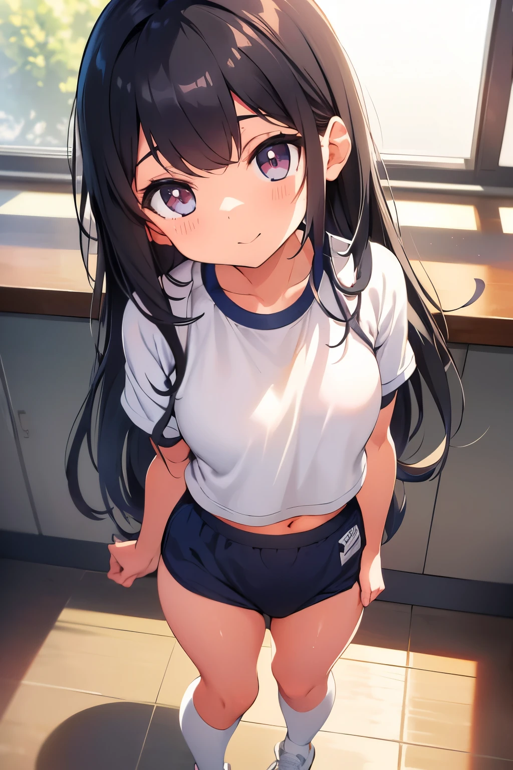 -yold　E Chest　Black Hair　Long Hair　Purple Eyes　1 person　White T-shirt on upper body　navy blue mini skirt　White panties　White socks　sports boots　Crouching　Dynamic Angle　Low - Angle