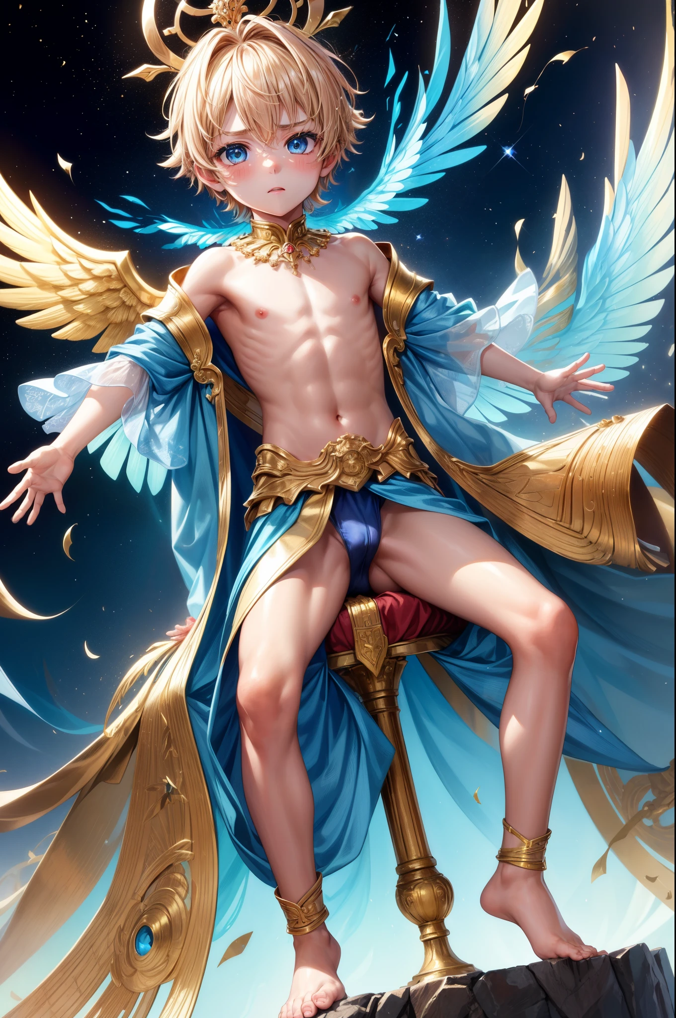 4k resolution, (Masterpiece:1), A small boy with vibrant, iridescent, cyan eyes and bare feet, arms raised in a triumphant pose, evoking an epic, cinematic feel. (Young:1.4), (Child:1.4), (Shota:1.4), (Male:1.4), (Boy:1.4), adorned in royal clothes fit for a king, evoking a sense of Royalty (1.4). The image focuses on his small, blushing feet, adding a touch of innocence and vulnerability to his epic posing. (Posing:1.4), (Cinematic:1