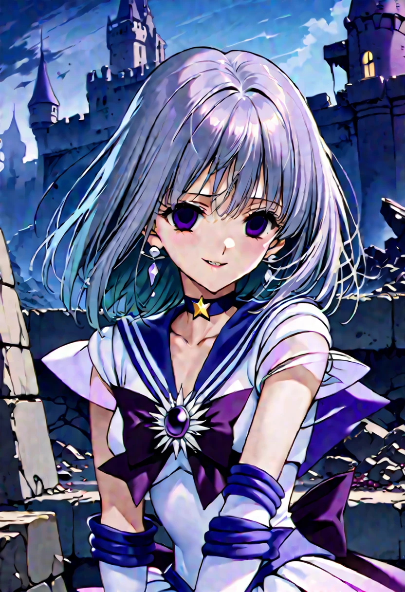 score_9, score_8_up, score_7_up,masterpiece,Best Quality,Very erotic,absurdres,(SKIRT, GLOVES, BOW, JEWELRY, PLEATED SKIRT, EARRINGS, CHOKER, ELBOW GLOVES, WHITE GLOVES, SAILOR COLLAR, Star (symbol), MAGICAL GIRL, tiara, BROOCH, PURPLE SKIRT, BACK BOW, SAILOR SENSHI UNIFORM, Star CHOKER, PURPLE SAILOR COLLAR, Star BROOCH, SAILOR SATURN),,Silver Hair,Purple eyes,(Destroyed and crumbled castle:1.2),Outdoor,night,,looking at viewer,(empty eyes,:1.4),(evil smile:1.4),