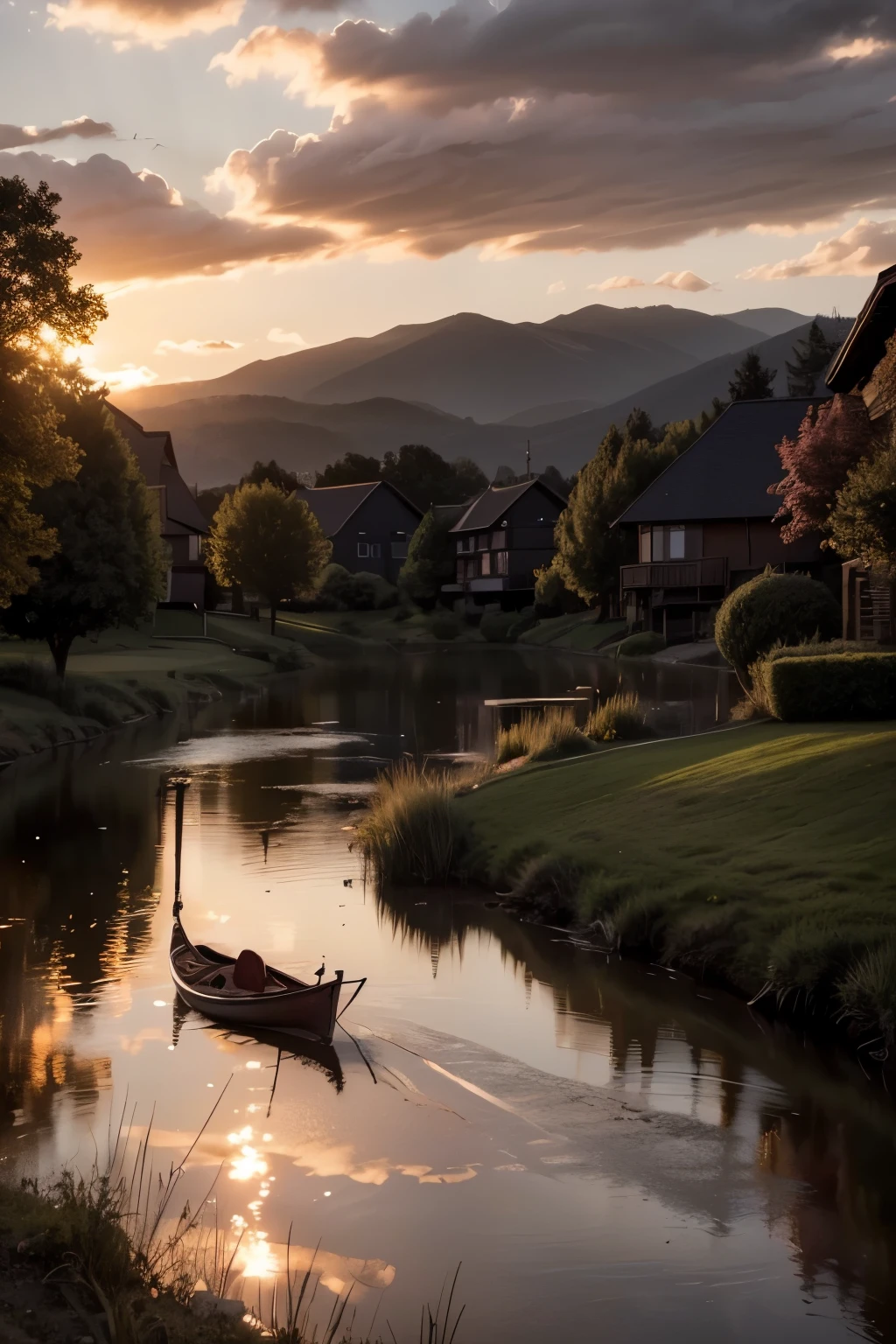 intricate landscape, sunset over river, acrylic painting, vibrant red purple pink and black colors, dramatic lighting, highly detailed, cinematic composition, photorealistic, 8k, (best quality,4k,8k,highres,masterpiece:1.2),ultra-detailed,(realistic,photorealistic,photo-realistic:1.37),dramatic lighting,cinematic composition,glowing sunset,reflections in river,lush foliage,moody clouds,warm color palette