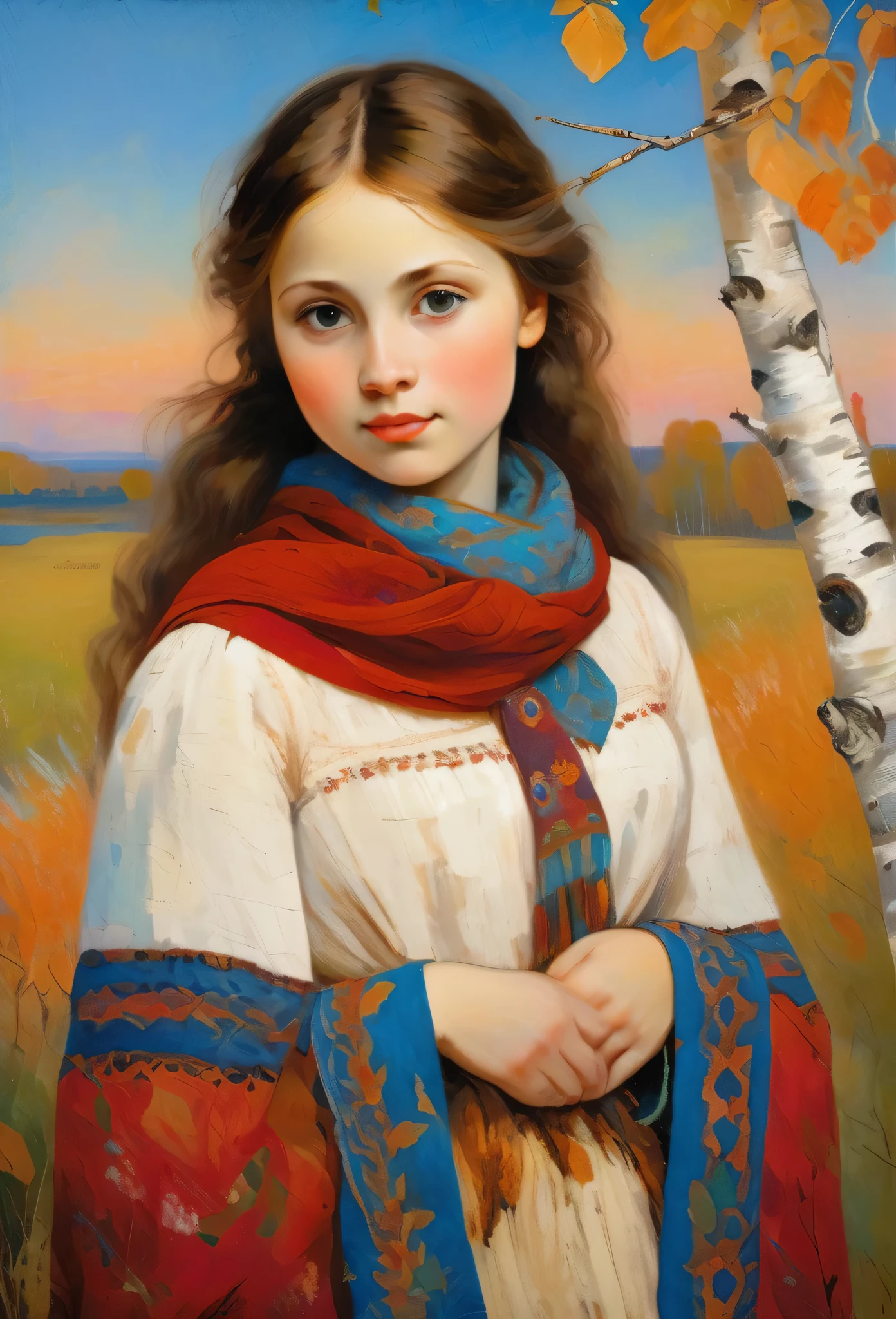 a young Russian girl, against the background of a crimson sunset, complex detailing, aged canvas, "the girl by the white birch" (in the style of Odilon-Redon, depicted in oil on canvas),
a beautiful girl with brown hair in a scarf, hugging the trunk of a birch tree dressed in a top and maxi skirt with patterns and knitting, ((background: high bank of the white birch river in cheerful colors,
stunning, highly detailed, 8k, ornate, intricate, vintage, dehydrated, atmospheric, scuff gradient,
(oil painting: 0.75), (splash: 0.75), (turquoise: 0.2), (orange: 0.2), (pink:0.33),
(Odilon-Redon: 0.5), (John Constable: 0.1),
((El Greco: 0.5),(acrylic paint: 0.75), 8k (())e