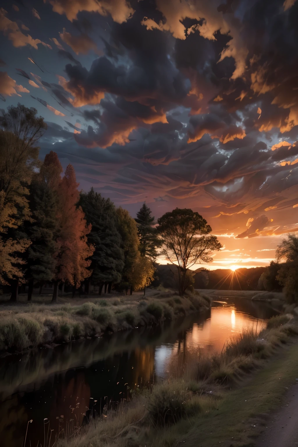 intricate landscape, sunset over river, acrylic painting, vibrant red purple pink and black colors, dramatic lighting, highly detailed, cinematic composition, photorealistic, 8k, (best quality,4k,8k,highres,masterpiece:1.2),ultra-detailed,(realistic,photorealistic,photo-realistic:1.37),dramatic lighting,cinematic composition,glowing sunset,reflections in river,lush foliage,moody clouds,warm color palette