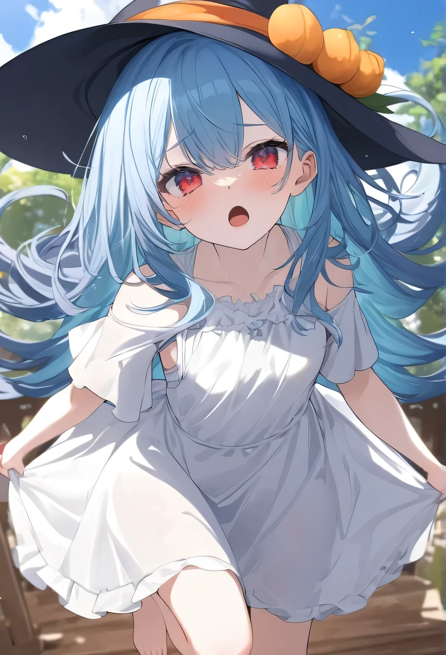 (best quality, detailed illustration:1.4), 1girl,(big eyes:1.2),twin braid,blunt bangs,small breasts,happy, finger in own mouth, lamppost, cowboy shot,