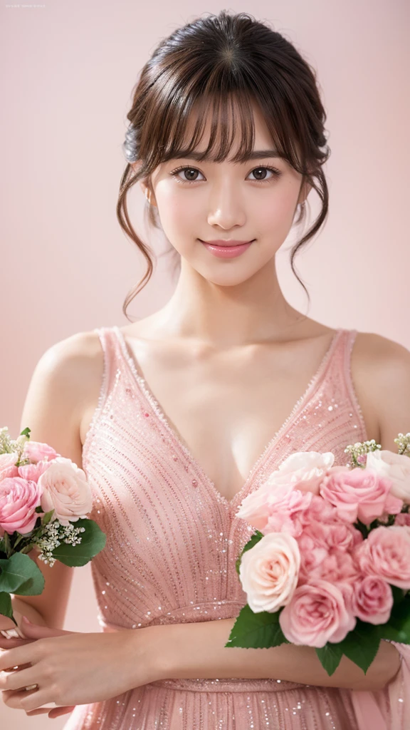 One Girl, Large Breasts, Floral, Lisianthus ,Light Pink and light blue styles., A dreamy, romantic piece., Light Pink, Intangible documents, A fun arrangement, Fantasy, High Contrast, Ink strokes, explosion, Overtouch, Impression of purple and red tones , Abstract, Negative Space,