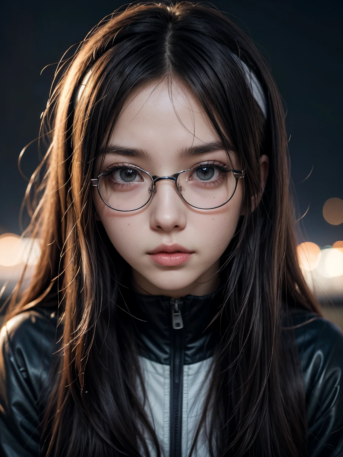 There is a girl who is on the street at night with big eyes and behind her there is a man with oscurous glasses and black clothes