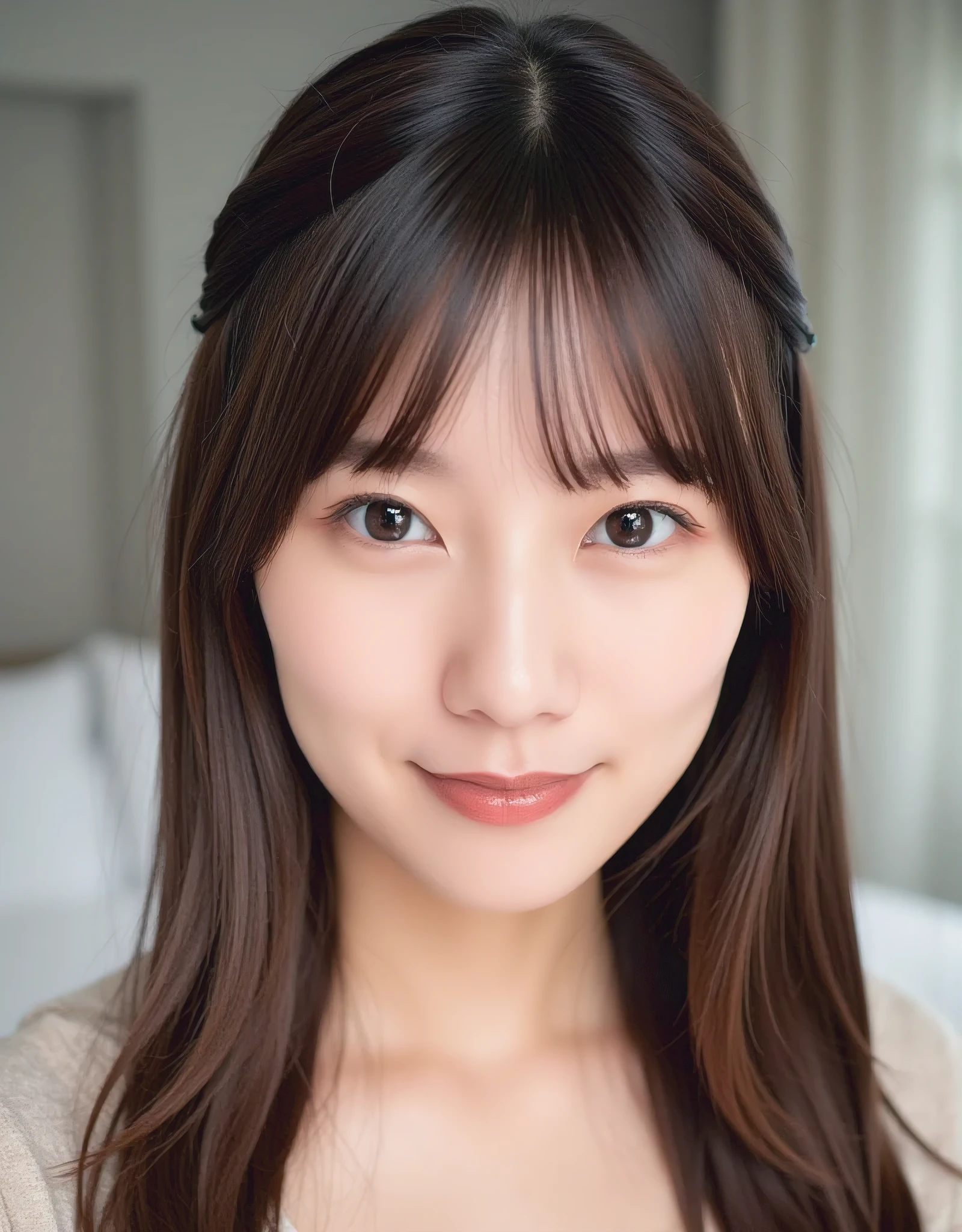 ((Realistic lighting, best qualtiy, 8k, masterpiece:1.3)), Skinny Japanese woman, 30 years old, 1girl, Perfect Figure:1.4, Slim abs:1.1, small breasts, very thin waist, ((dark brown hair)), (White crop top:1.4）,（exteriors，during night：1.1），Sit on the indoor bed，detailed face，detailed eyes，double eyelid