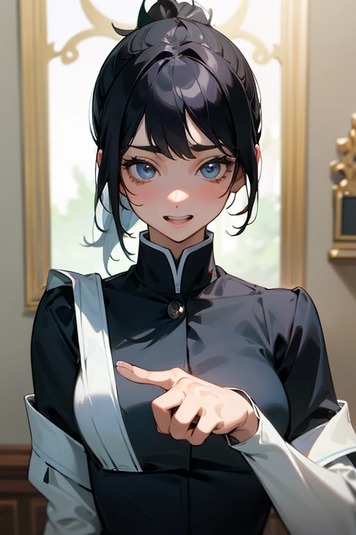 (Highest Resolution, clear_image) highest quality, Single person, One Woman, alone, masterpiece, Very detailed, Semi-realistic, Black Hairのショートヘア, Black Hair, bangs, 18-year-old, mature, light blue uniform, uniform, Indoor Background, kind, Authoritative, Powerful, exquisite features, exquisite features、Eyelashes become longer、Showing teeth、smile😀、Maid clothes、ponytail、