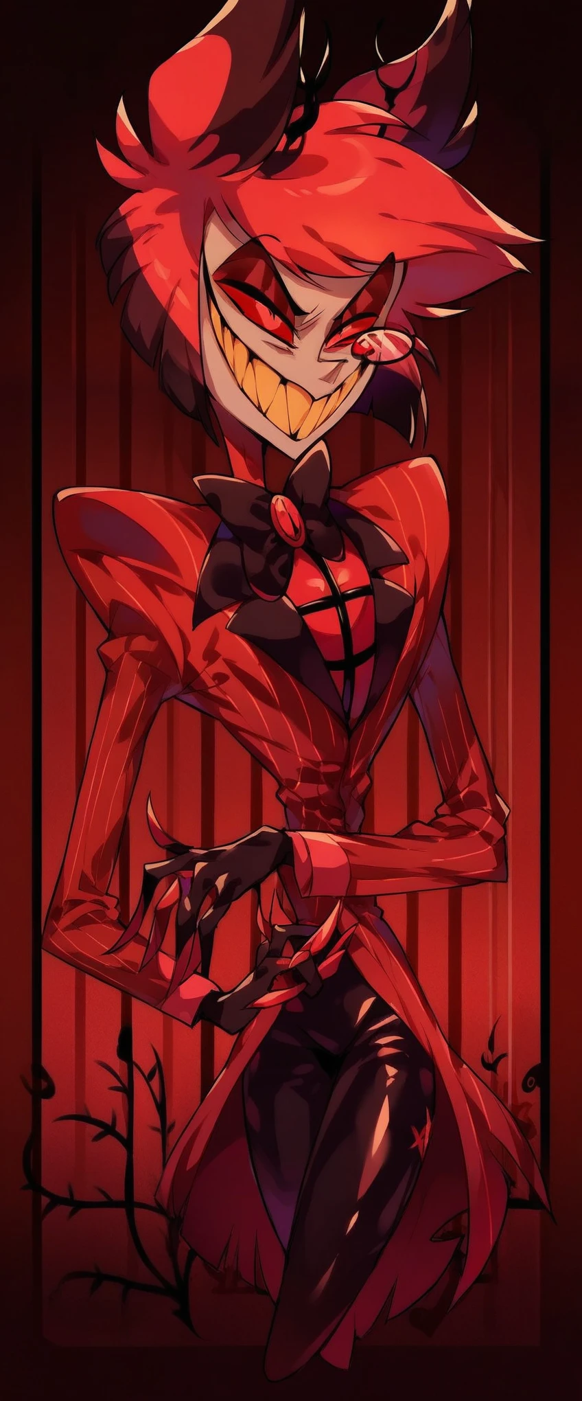 Alastor (Hazbin Hotel), radio demon, sharp toothed grin, ((((dark red formal (((shiny latex suit))) with pinstripes)))), monocle, elegant cane, sinister smile, high contrast lighting, chiaroscuro, gothic architecture background, dark and ominous atmosphere