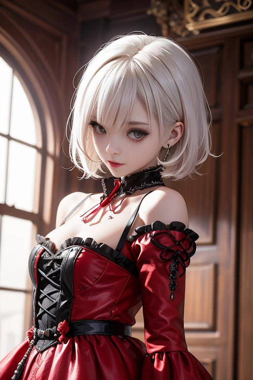 Short white hair, , Gothic、Punk Fashion、Headbang 2.、Red clothes、、Victorian Maiden、