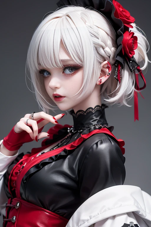 Short white hair, , Gothic、Punk Fashion、Headbang 2.、Red clothes、、Victorian Maiden、