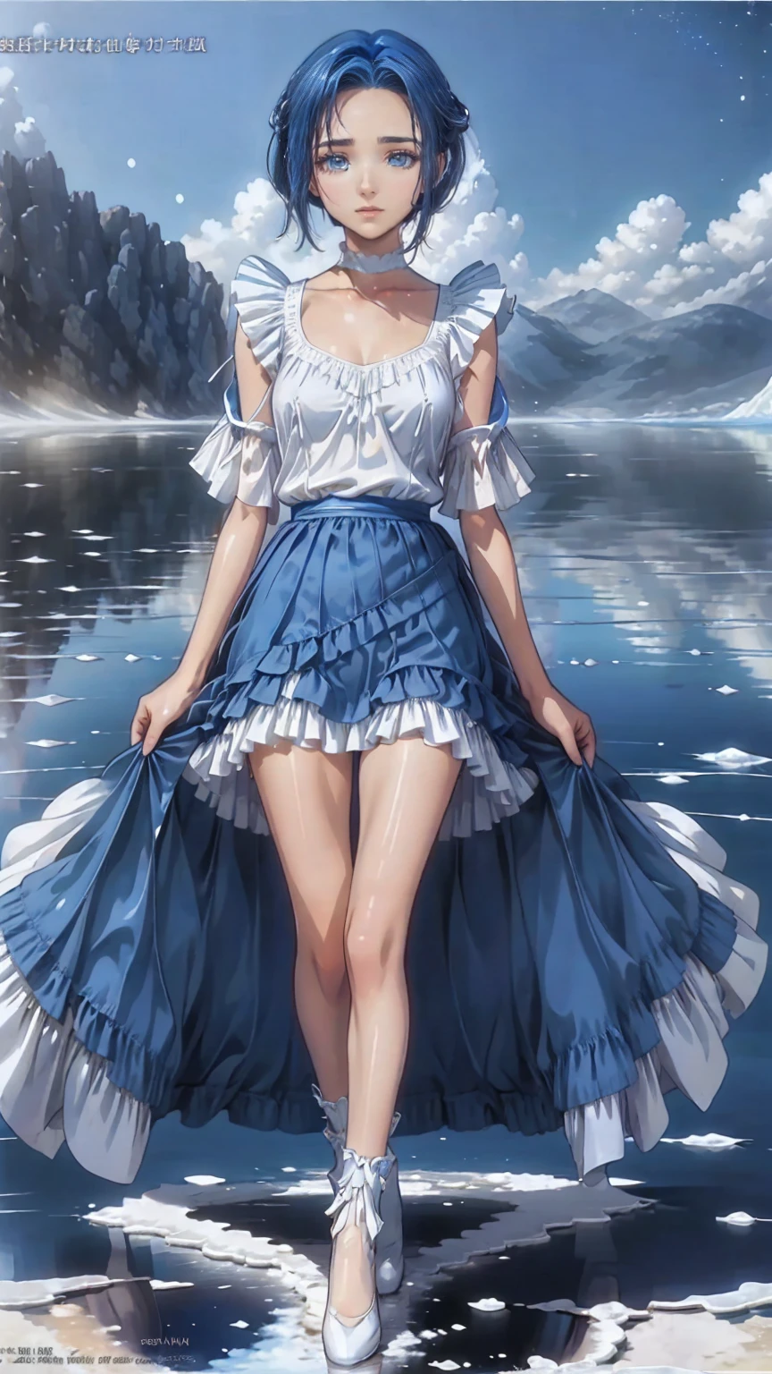 Absurd, High resolution, (Official Art, beautifully、Midea:1.2), (Short-sighted:1.15), (One Girl, Blue Hair, Medium Hair, blue eyes, Bright Eyes, Long white dress, Blue frills,:1.2) blue sky, Shining Galaxy, (Uyuni Salt Flats:1.2), (Fractal Art:0.8), Water effect, Ripple Effect, (Flower effect: 0.65), Light effects,