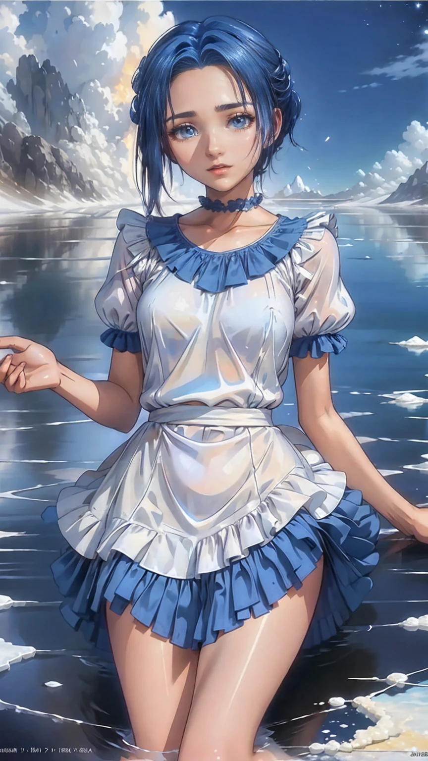 Absurd, High resolution, (Official Art, beautifully、Midea:1.2), (Short-sighted:1.15), (One Girl, Blue Hair, Medium Hair, blue eyes, Bright Eyes, Long white dress, Blue frills,:1.2) blue sky, Shining Galaxy, (Uyuni Salt Flats:1.2), (Fractal Art:0.8), Water effect, Ripple Effect, (Flower effect: 0.65), Light effects,