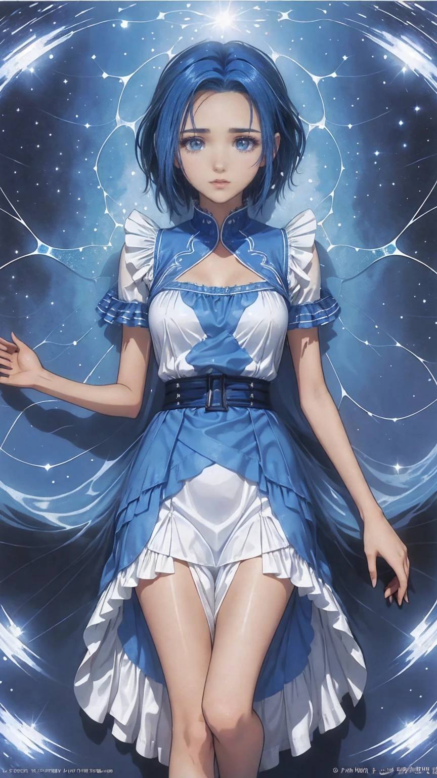 Absurd, High resolution, (Official Art, beautifully、Midea:1.2), (Short-sighted:1.15), (One Girl, Blue Hair, Medium Hair, blue eyes, Bright Eyes, Long white dress, Blue frills,:1.2) blue sky, Shining Galaxy, (Uyuni Salt Flats:1.2), (Fractal Art:0.8), Water effect, Ripple Effect, (Flower effect: 0.65), Light effects,