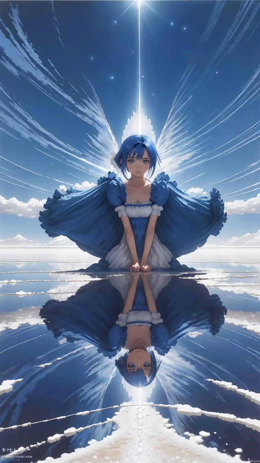 Absurd, High resolution, (Official Art, beautifully、Midea:1.2), (Short-sighted:1.15), (One Girl, Blue Hair, Medium Hair, blue eyes, Bright Eyes, Long white dress, Blue frills,:1.2) blue sky, Shining Galaxy, (Uyuni Salt Flats:1.2), (Fractal Art:0.8), Water effect, Ripple Effect, (Flower effect: 0.65), Light effects,