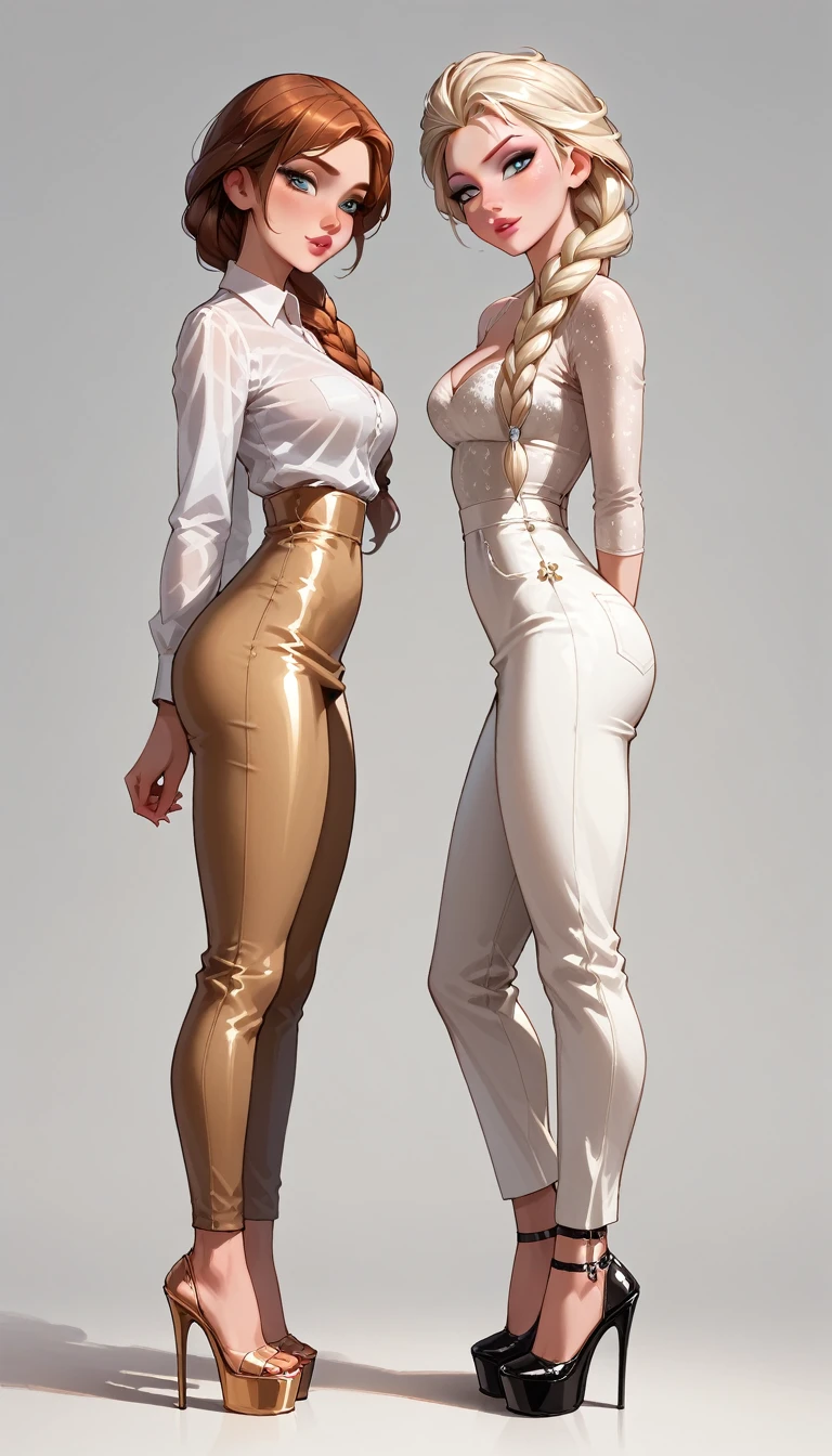 score_9, score_8_up, score_7_up, 2girls, duo, (Anna, brown hair, braided pigtails, wearing tight trousers and blouse, platform heels:1.3) and (Elsa, blonde, braid, wearing short dress and platform heels:1.2), flirt, gaze, sexy look, half-closed eyes, head tilt, filled lips, thick lips, makeup, side view, (full bodies in view) expressiveh d4rk01l, simple background.