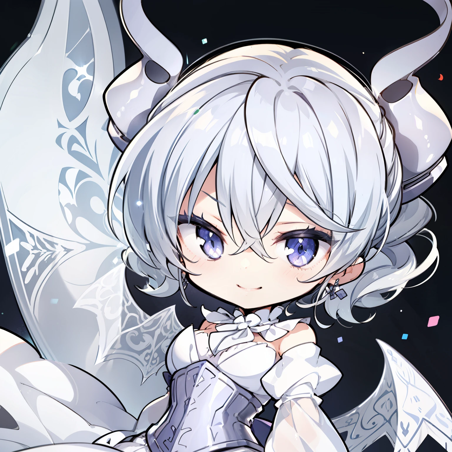 Silver short hair, Silver Horn,  White Dress, White Cape, Puffed sleeves, White gloves, silver corset, 


Chibi Character、
Grin、

Simple Background、

Written boundary depth、
((Best Quality, High resolution, Pixel perfect, 4K)), (1 girl), (Beautiful Anime Girls), Perfect body, 