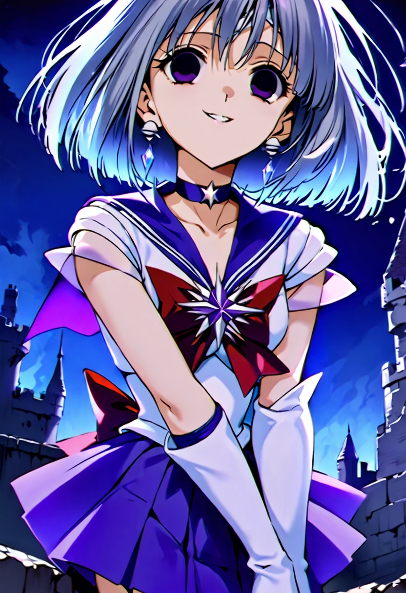 score_9, score_8_up, score_7_up,masterpiece,Best Quality,Very erotic,absurdres,(SKIRT, GLOVES, BOW, JEWELRY, PLEATED SKIRT, EARRINGS, CHOKER, ELBOW GLOVES, WHITE GLOVES, SAILOR COLLAR, Star (symbol), MAGICAL GIRL, tiara, BROOCH, PURPLE SKIRT, BACK BOW, SAILOR SENSHI UNIFORM, Star CHOKER, PURPLE SAILOR COLLAR, Star BROOCH, SAILOR SATURN),,Silver Hair,Purple eyes,(Destroyed and crumbled castle),Outdoor,night,,looking at viewer,(empty eyes,:1.4),(evil smile:1.4),Looking up from below