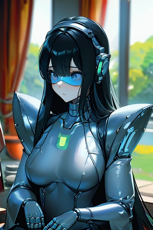 (masterpiece),(Highest quality),(Super detailed),(Best illustrations),(Best Shadow),(Absurd),(Detailed Background),(so beautiful), 16K, 8K, 4K,(Best Shadow),robotization,woman ,big bust,Robot Joint ,Metal skin,Black robot Suit,long hair,a black robot suit that covers the whole body,robot hand,cyber bodysuit,mecha head,(Detailed hands and fingers:1.2),Ball joint robot body,doll joint,beautiful face,beautiful robot girl,robotic eye,robotic hands,(no more human skin),android girl,cyborg girl,F cup, sexy body,(machine made joints:1.2),(machanical limbs:1.1),(blood vessels connected to tubes),(mechanical vertebra attaching to back),(mechanical cervial attaching to neck),no messy picture style