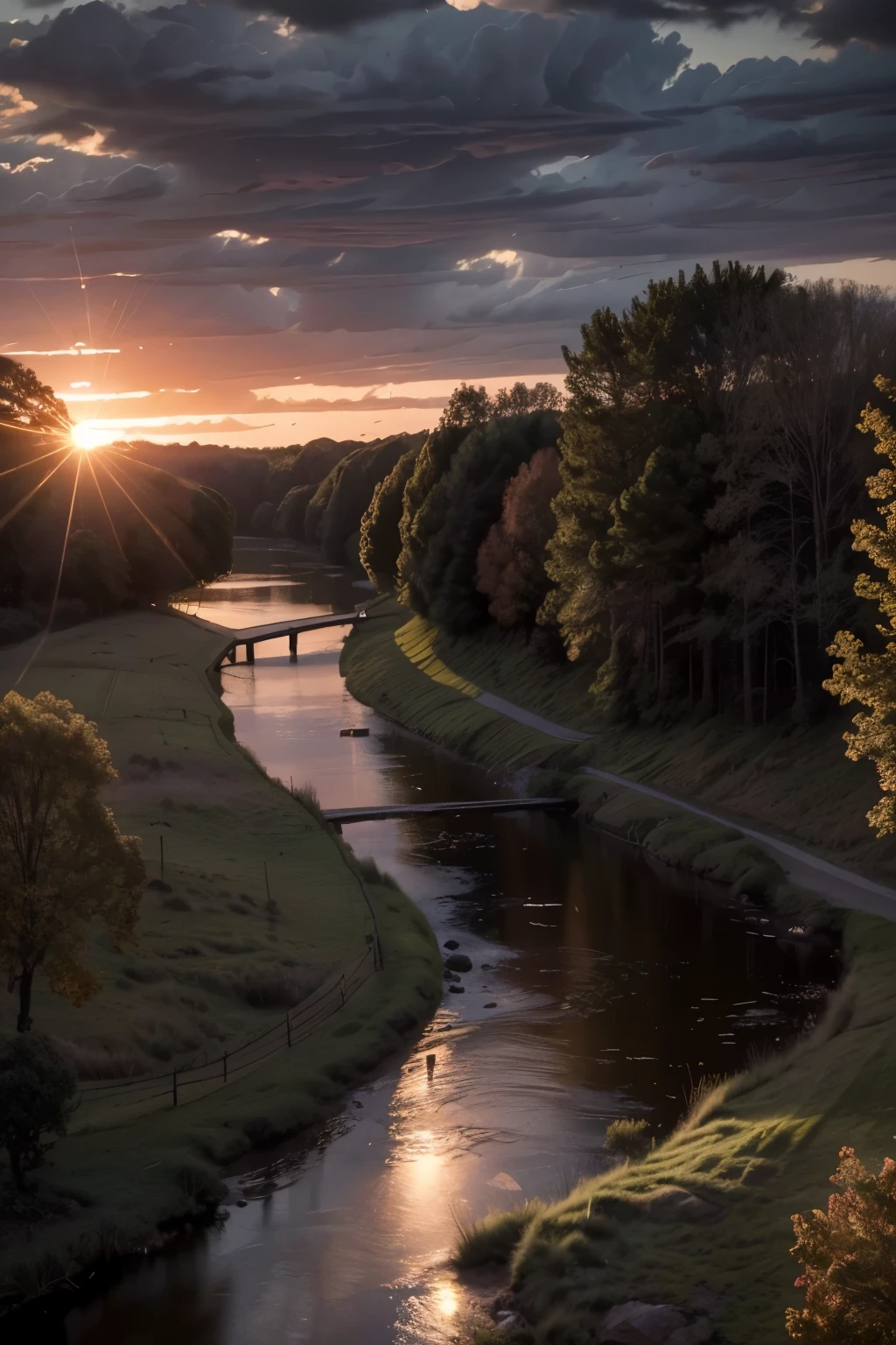 intricate landscape, sunset over river, acrylic painting, vibrant red purple pink and black colors, dramatic lighting, highly detailed, cinematic composition, photorealistic, 8k, (best quality,4k,8k,highres,masterpiece:1.2),ultra-detailed,(realistic,photorealistic,photo-realistic:1.37),dramatic lighting,cinematic composition,glowing sunset,reflections in river,lush foliage,moody clouds,warm color palette