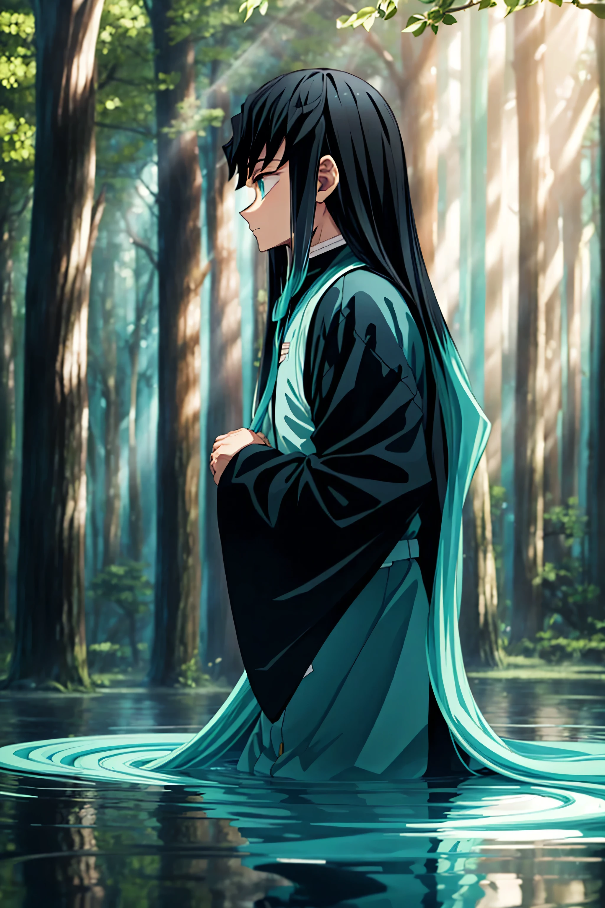 Muichiro Tokito from Demon Slayer, standing calmly in a tranquil environment inspired by his color palette. The scene is filled with soft pastel hues of turquoise, light blue, and white, reflecting his calm and composed nature. He is surrounded by a gentle mist, with soft sunlight filtering through, casting a serene glow around him. Muichiro’s long black and teal hair flows gently in the breeze, and his expression is peaceful and contemplative. The background is a misty forest with trees and small streams, all tinged with soft blue tones. Delicate particles of light float around, adding to the dreamlike atmosphere. High-resolution details on his face, hair, and outfit. No distortions or artifacts.