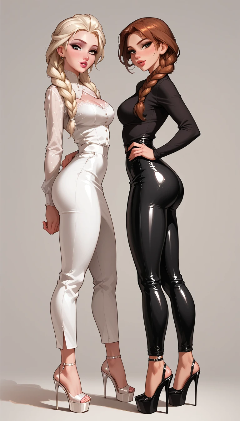 score_9, score_8_up, score_7_up, 2girls, duo, (Anna, brown hair, braided pigtails, wearing tight trousers and blouse, platform heels:1.3) and (Elsa, blonde, braid, wearing short skirt and blouse, platform heels:1.2), flirt, gaze, sexy look, half-closed eyes, head tilt, filled lips, thick lips, makeup, side view, (full bodies in view) expressiveh d4rk01l, perfect hands, perfect proportions, simple background.