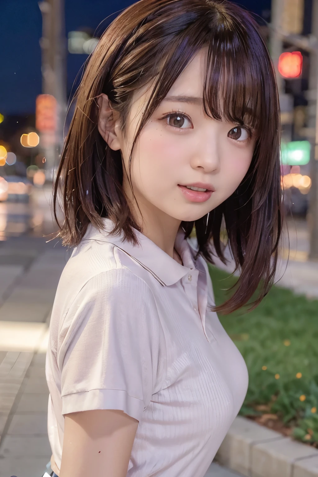 SFW:1.1, 
((porttower:1.3)), water reflection, city lights, neon lights, 
Water Front, Stainless RoundBar Deck, 
Perfectly Anatomically Correct:1.1, 
1 Japanese Girl, (Short Hair Bun:1.2), Wide-Set Eyes, Very White Skinned, Bashfully, Blush, 19-Year-Old, Open Mouse Slightly, 
((School Uniform:1.2)), 
Brown Hair, 
Light Smiling, Pouted Cheek, 
Looking Back Viewer, 
1 Hand on own Face, 
Dynamic Angle, 
8K, RAW Photo, Best Quality, Masterpiece, Realistic, PhotoRealistic, Extremely Detailed 8K Wallpaper, Beautifully Detailed Eyes, Finely Detailed Face, 
Professional Lighting, Cinematic Lighting, ((Bokeh:1.0))
