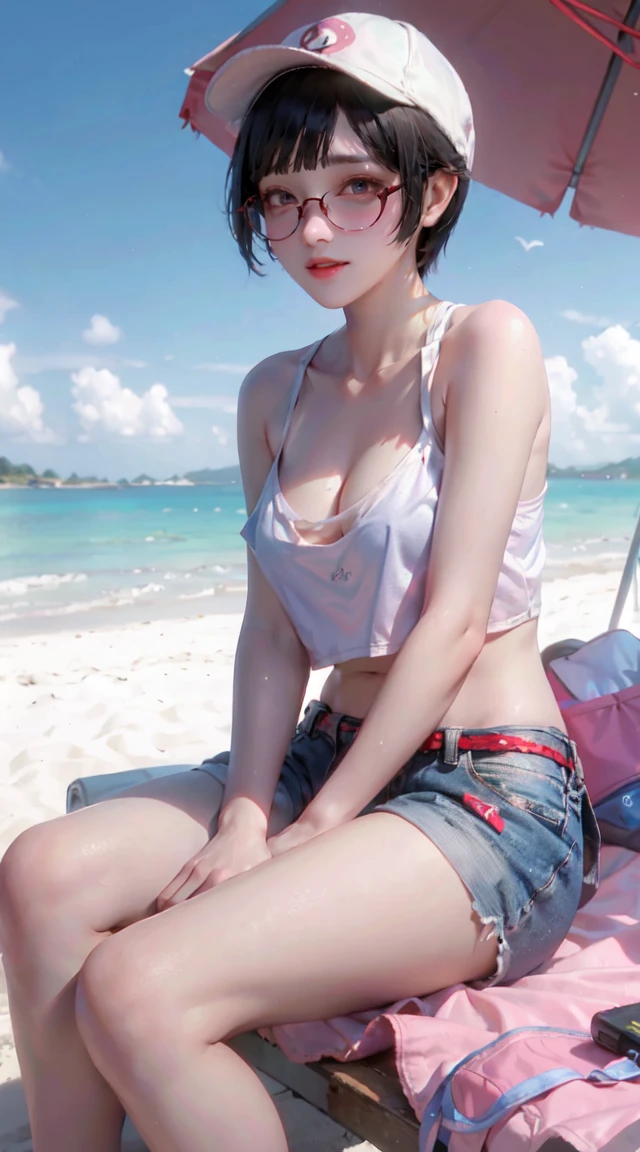 masterpiece, Best Quality 1 Girl, beach, sitting on a beach towel, Short hair, Glasses, t-shirt, shorts, cap, blush, summer, Soda Cans, Bag