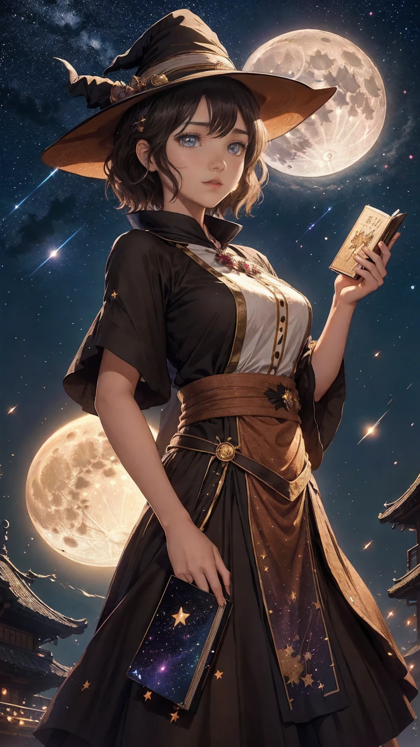 Irohaisshiki, isshiki iroha, Short Hair, Brown Hair, (brown eyeS:1.5), Smile,((Night Sky)),((Big full moon)),((Sparkling colorful StarS)),Fluffy hair,((Idol-Style Soft volume coStume)),Long Skirt,Holding a magic book in hiS right hand、,USe magic with your left hand,((witch)),Rubik&#39;s&#39;S&#39;Square shape, DeStroy outdoorS, foreSt,foreSt 壊す looking at viewer,Break the upper body (maSterpiece:1.2), BeSt quality high reSolution, Unity 8K Wallpaper, (Shape:0.8), (Narrow and beautiful eyeS:1.6), High reSolution face, Perfect lighting, Extremely detailed CG, (Perfect handS, Perfect Anatomy),