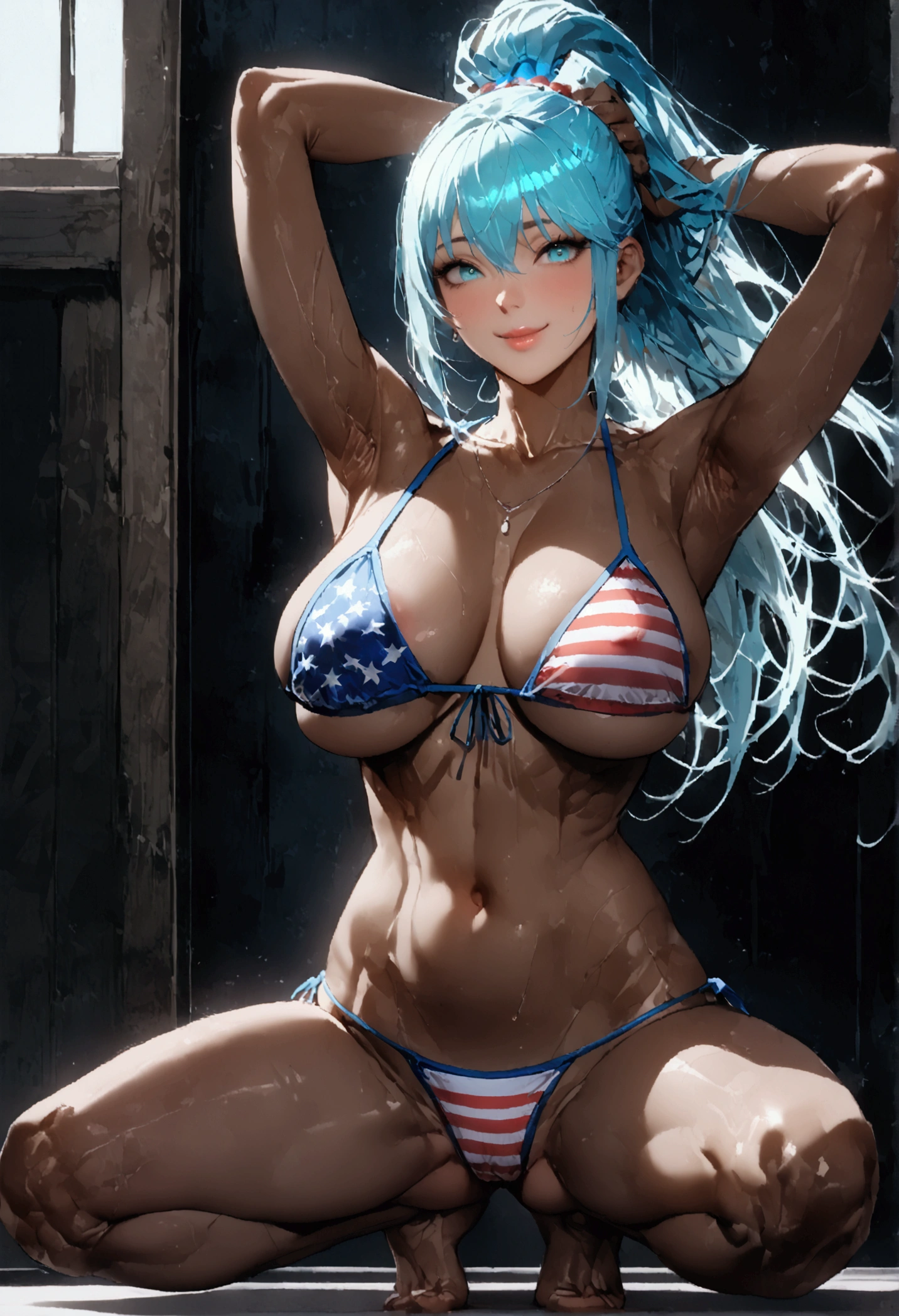 (((((Aqua)))))、(Light blue hair)、(ponytail)、((Squat))、(Spread your legs)、((Big big breasts)),(((Show me your crotch)))、((Put your arms behind your head)),(smile)、((blue sky))、((Many black men))、(Full body image)、{{{Let me me me me me&#39;Let me me me me&#39;Let me me me&#39;Let me me&#39;Let me&#39;Let&#39;s take a closer look}}}、{{{masterpiece}}}, {{{Best Quality}}}, {{ultra-detailed}}, {{shape}}, {{{So delicate and beautiful}}},{{extremely detailed CG}}、{{unity 8k portrait}}、{{Fabric Shading}}、{{super detailed skin}}、{{Perfect Anatomy}}、{{detailed}}、{{Dynamic lighting}}、{{{beautiful detailed eyes}}}、{{{beautiful detailed Face}}}、{{{Realistic, RAW Photos}}}、(Perfect Face)、(非常にdetailedな顔)、(Perfect Eyes)、(Highlights)、(Perfect Legs)、(Perfect breasts)、(Perfect pose)、(Perfect body)、((Brown Skin))、(((Dark skin face))),((american flag bikini))、Transparent nipples