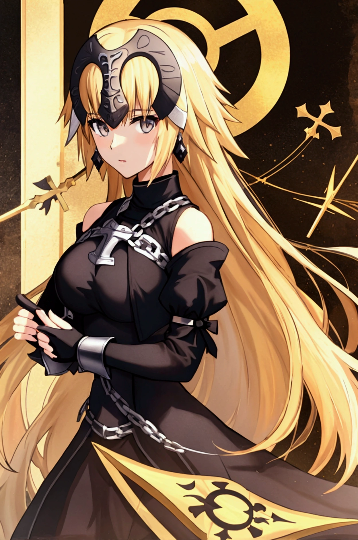 Anime style, teen Jeanne D'arc, fate grand order, black hunting dress, black cross-shaped earring, black spear with white cross-shape designs, golden blonde hair, high quality, 