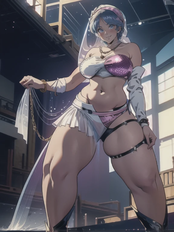 master piece, Pixels are perfect, top-quality, ​masterpiece, 4K, 8K, ((((unreal engine)))), ultra-high-resolution, professional lighting, physically-based rendering, Perfect anatomy, (((asymmetry white-and-pink two-tone One-Shoulder-Bikini made of sequin-material, The pink-part of the bikini is covered with sequins))), ((1 lady)), ((solo lady)), ((alone lady)), mature female, milf, shy smile, blush, open mouth, (((Spread Your Legs))), Sticking out your crotch, (((lap dance))), twist your waist, (((looking down))), symmetry boobs, (((gigantic boobs))), ((wide hips)), (((Heavyset Body))), (((Plump shape))), (((((Translucent veil skirt))))),  White-and-pink bikini, See-through boots, Aoi, striptease, bellydancer cosplay, ((((bellydancer outfit, see-through veil, bracelet, navel, necklace, golden body-chains)))), ((low-cut bikini shorts with Slim-white-waist-belt)), light-blue hair, (((bulge of the crotch area))), bulge of the groin, crotch, (close-up of your crotch), [Anime art style of the 1990s], (((((from below)))))
