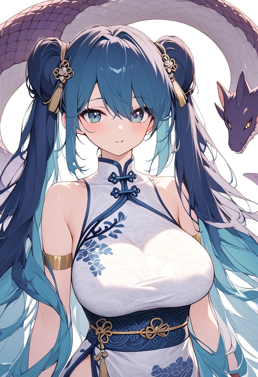 1girl, Alone, Hatsune Miku, Lamia,Dark blue hair,Long Hair,Big Breasts,Ancient Chinese Princess,Chinese dress,Ancient Chinese Royal Family