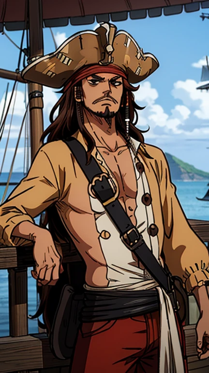 (1man, jack sparrow), (extremely detailed CG unit 8k wallpaper),(master part), (best quality), (ultra detail), (best illustration),(One Piece Style), cowboy shot, (Sharp eyeliner, ombre, detailed eyes:1), ship's deck background, break , upper body, solo, long hair, brown hair, long sleeves, 1boy, hat, beard