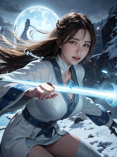 Drawing the sword of the snow mountain, the sword with the cold ice flame of the ancient style woman, holding the blue flame burning sword, white clothes dancing sword in the snow long hair flowing, holding a silver long sword beautiful woman, wearing jade jewelry, her face is full of confident smiles, she is suspended in the clouds like a fairy, behind her is a layer of mountains,A old woman looking straight ahead,A middle-aged woman without pants and no panties