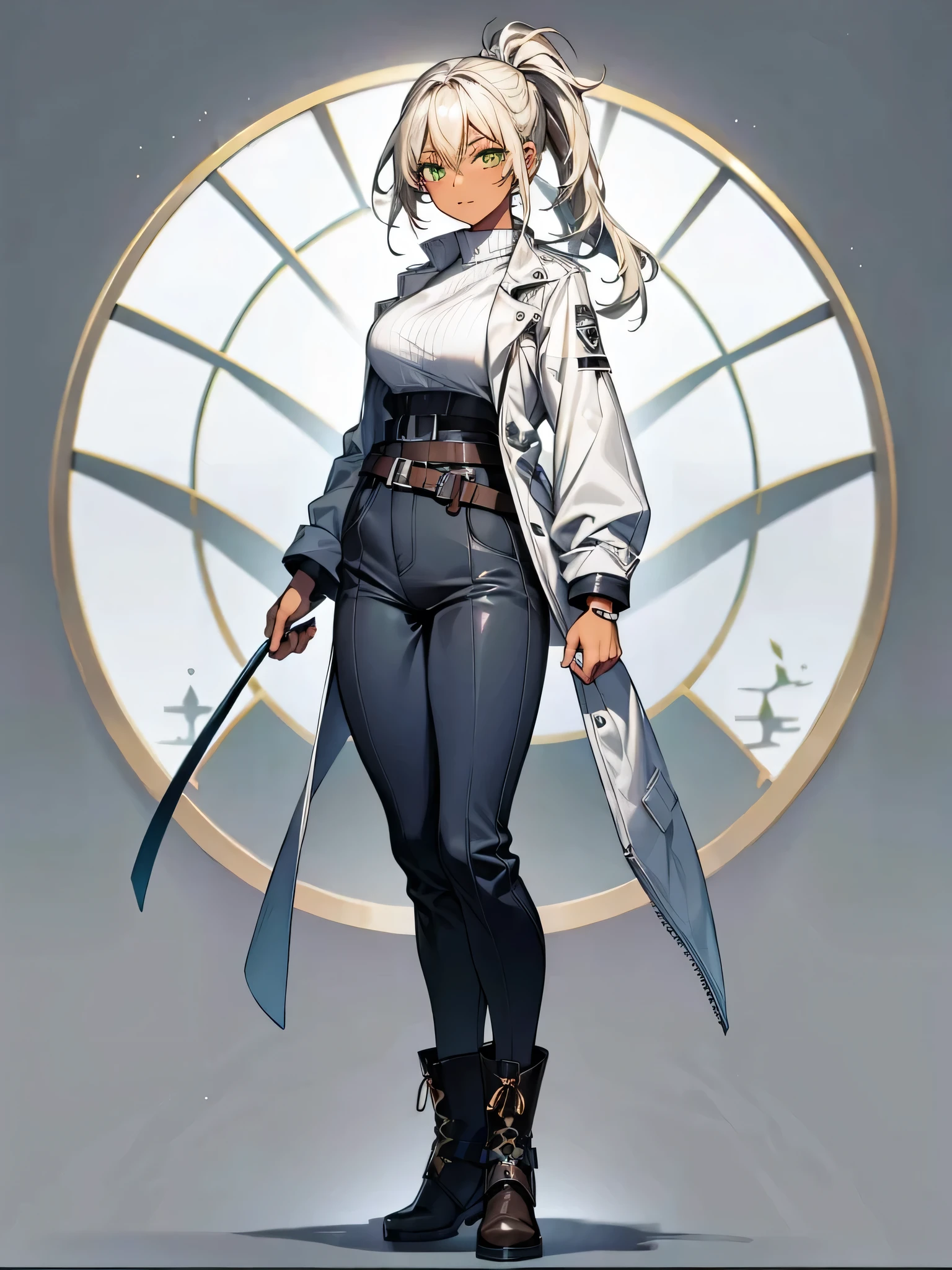 (masterpiece), best quality, silver eyes, perfect face, highres, 1girl, solo, angelms, white hair, white jacket, jeans, fingerless gloves, atacking pose, dancing around chains, evil smile, long boots, fanstasy background, cowboy shot, fullbody shot, looking at the viewer, from front, holding chains, long chain  whip