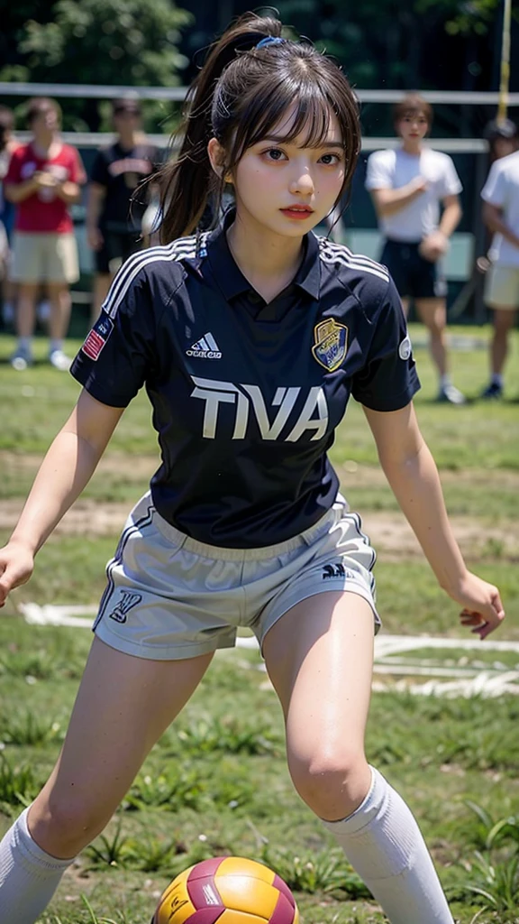 Volleyball Court, (Volleyball uniform:1.3), Volleyball Attack, Wearing sweat, The costume is sheer, beautiful earrings,(Camel toes:1.3),(colorful:1.0),1 girl, solo, (beauty legs:1.3), Skinny Legs, wind:1.4, show skin, glossy skin, cleavage , (small tits:1.3), intricate details, naughty, slutty, perfect hands, detailed hands, perfect eyes, detailed eyes, (8headed body:1.3), (cute face), (Ideal ratio body proportions:1.3), long , (dynamic pose:0.8), (short Dark hair:1.3), realistic, HDR, UHD, nsfw